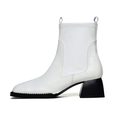 Classique en cuir blanc à talons carrés, chaussures à talons épais, chaussures à talons décontractées pour femmes
